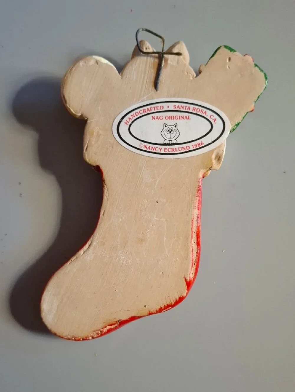 Handcrafted Red Christmas Stocking Ornament with Cat and Candy Accent